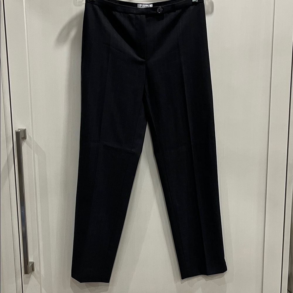 Moschino Black Straight leg fine wool Trousers with fine red and navy pinstripe